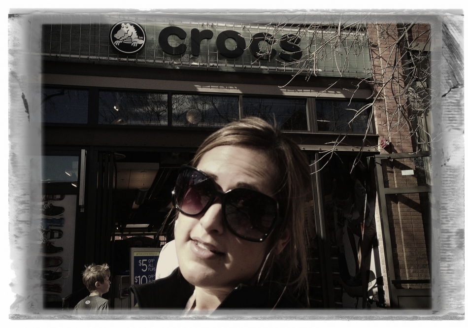 Cassie somehow found her way to the entrance of the Pearl Street Crocs store during her recent visit to Colorado.