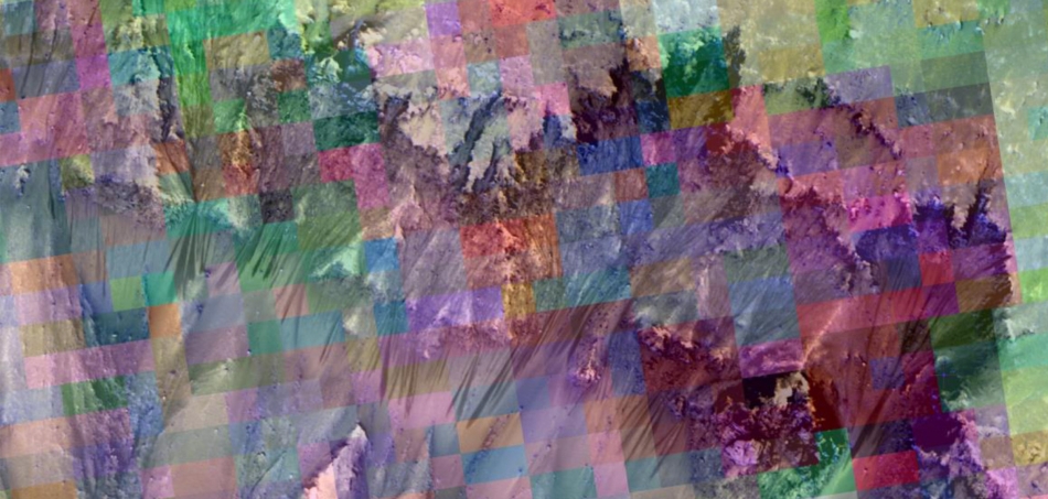 This image combines a photograph of seasonal dark flows on a Martian slope with a grid of colors based on data collected by a mineral-mapping spectrometer observing the same area. Image Credit: NASA/JPL-Caltech/UA/JHU-APL